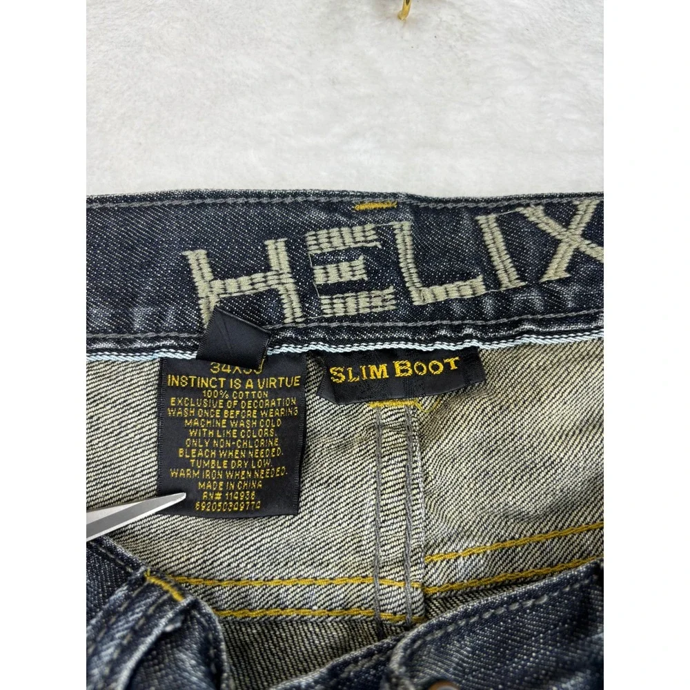 Helix Slim Mens 34x30 Bootcut Jeans Dark Wash Distress Embroidered  Cross Pocket